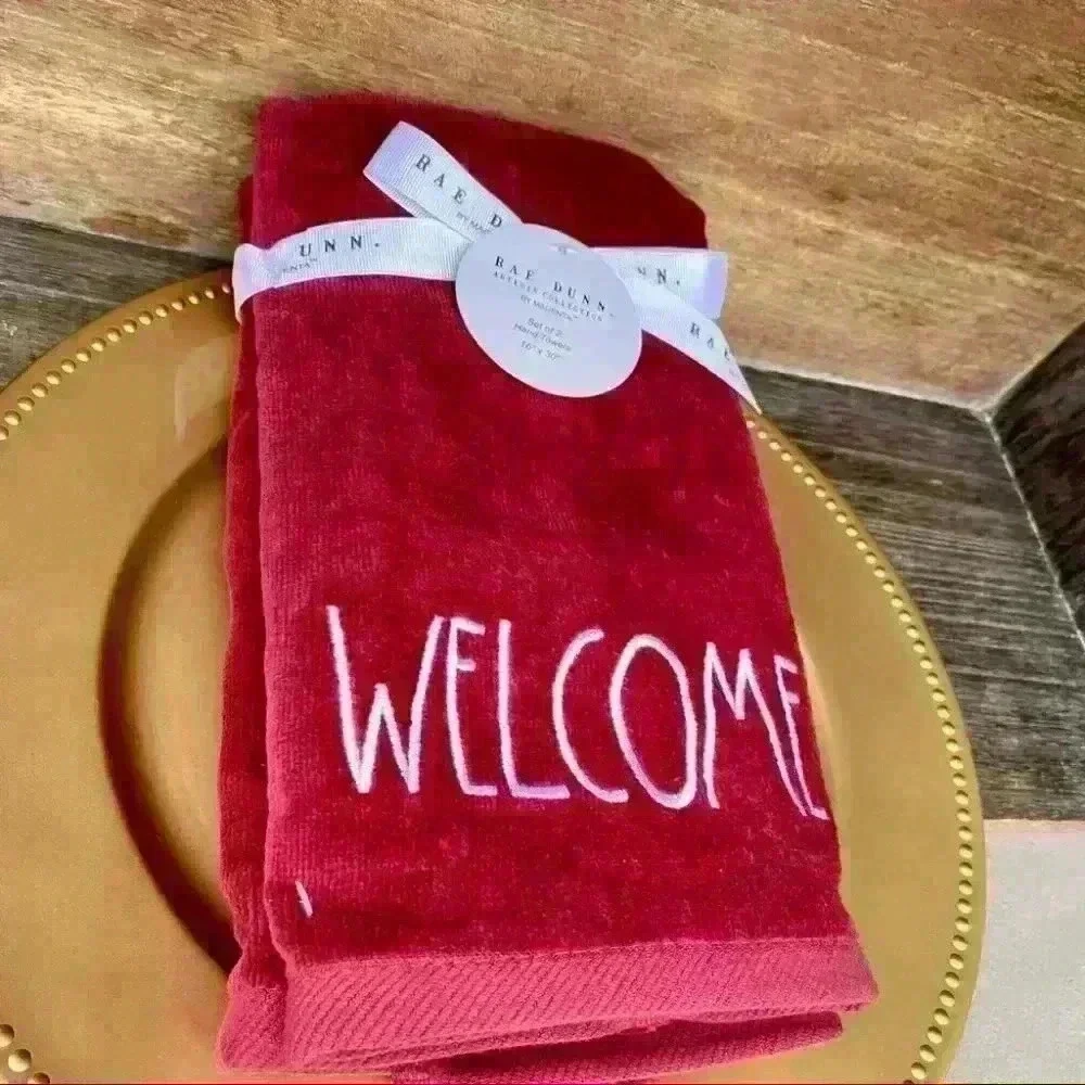 NEW SET of 2 - Rae Dunn - WELCOME - Beautiful Embroidered Burgundy Hand …